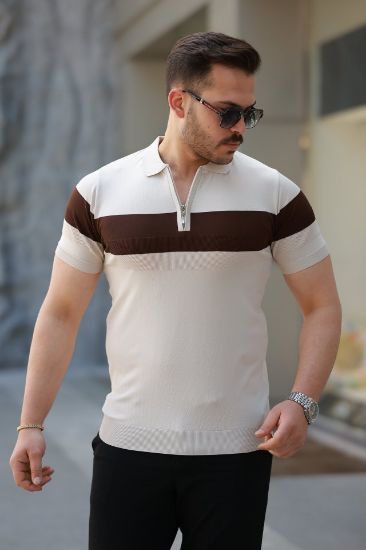 Erkek Fermuar Yakalı şerit Renk Desenli Kısa Kollu Tişört resmi